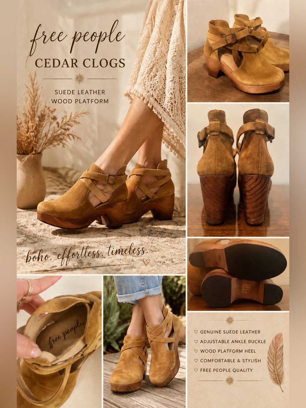 New Never Worn Free People Cedar Clog Booties Taupe Brown Suede Size 37 / 7